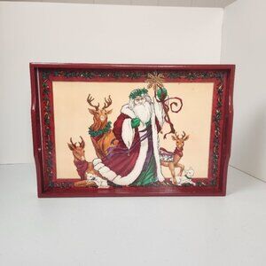 Father Christmas Vintage Red Serving Tray Holiday Home Decor 80s 90s Santa Holly